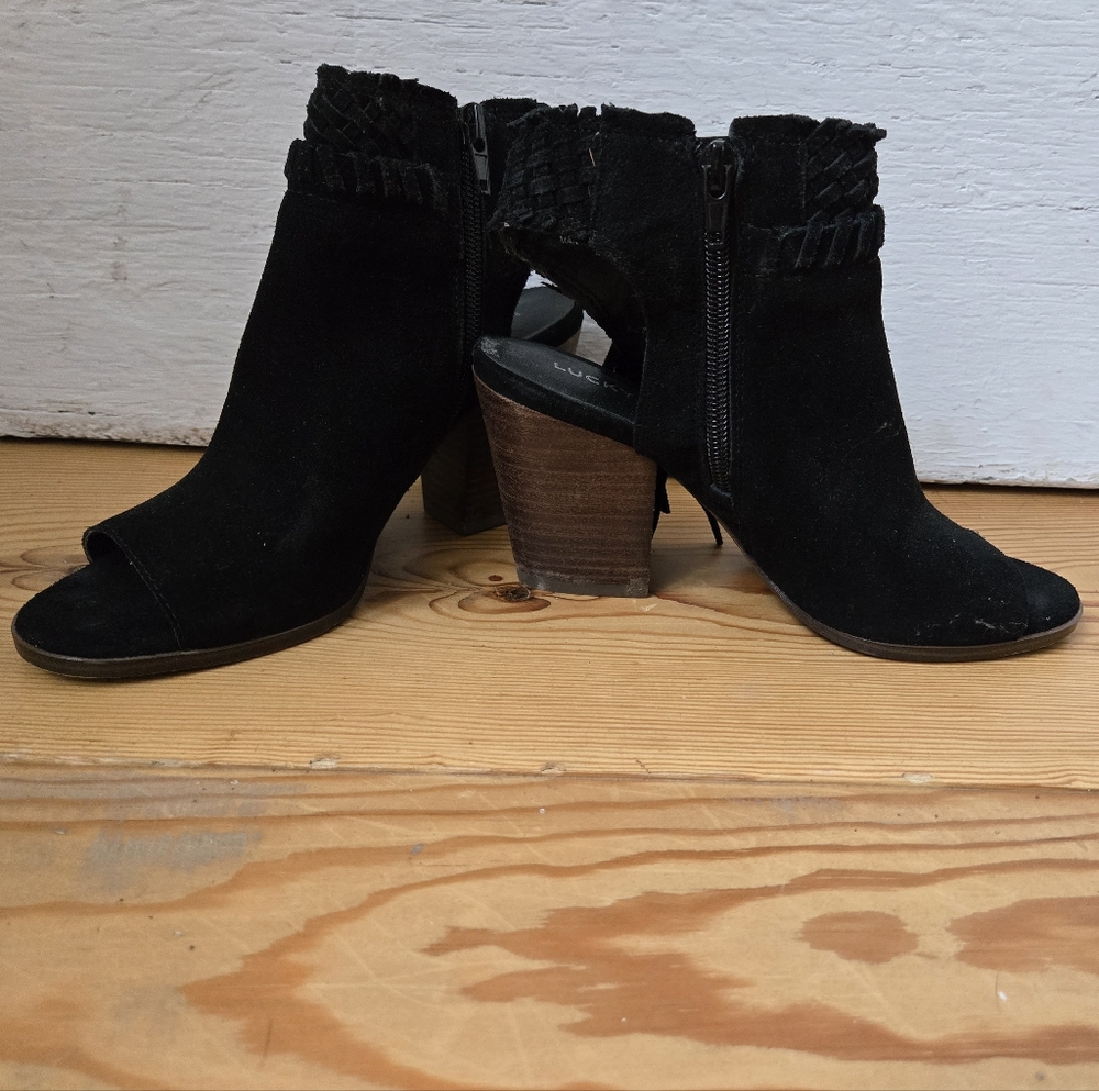 Lucky Brand Black Suede Open Toe Heeled Booties Size 6